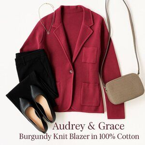 NWOT Audrey & Grace Burgundy Knit Blazer Size M Stretchy Tailored 100% Cotton